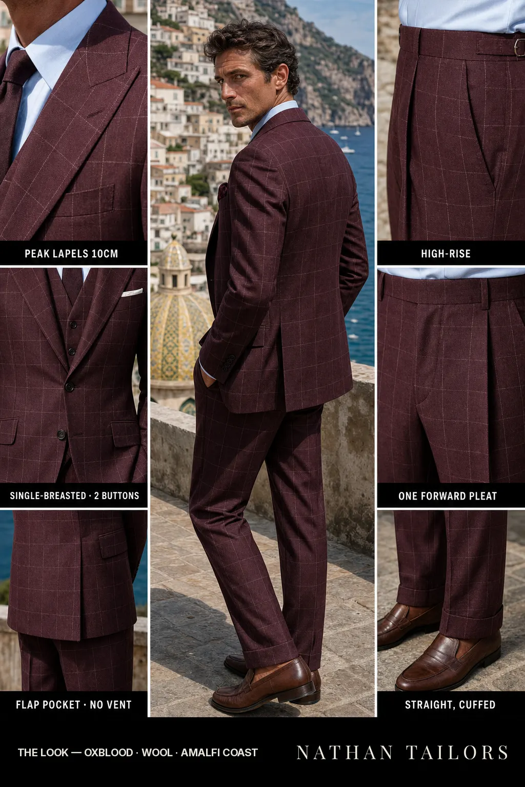 oxblood windowpane single-breasted peak-lapel bespoke suit — AI-rendered by Nathan Tailors, the Hoi An custom tailor. Available as a custom tailored suit from $149.