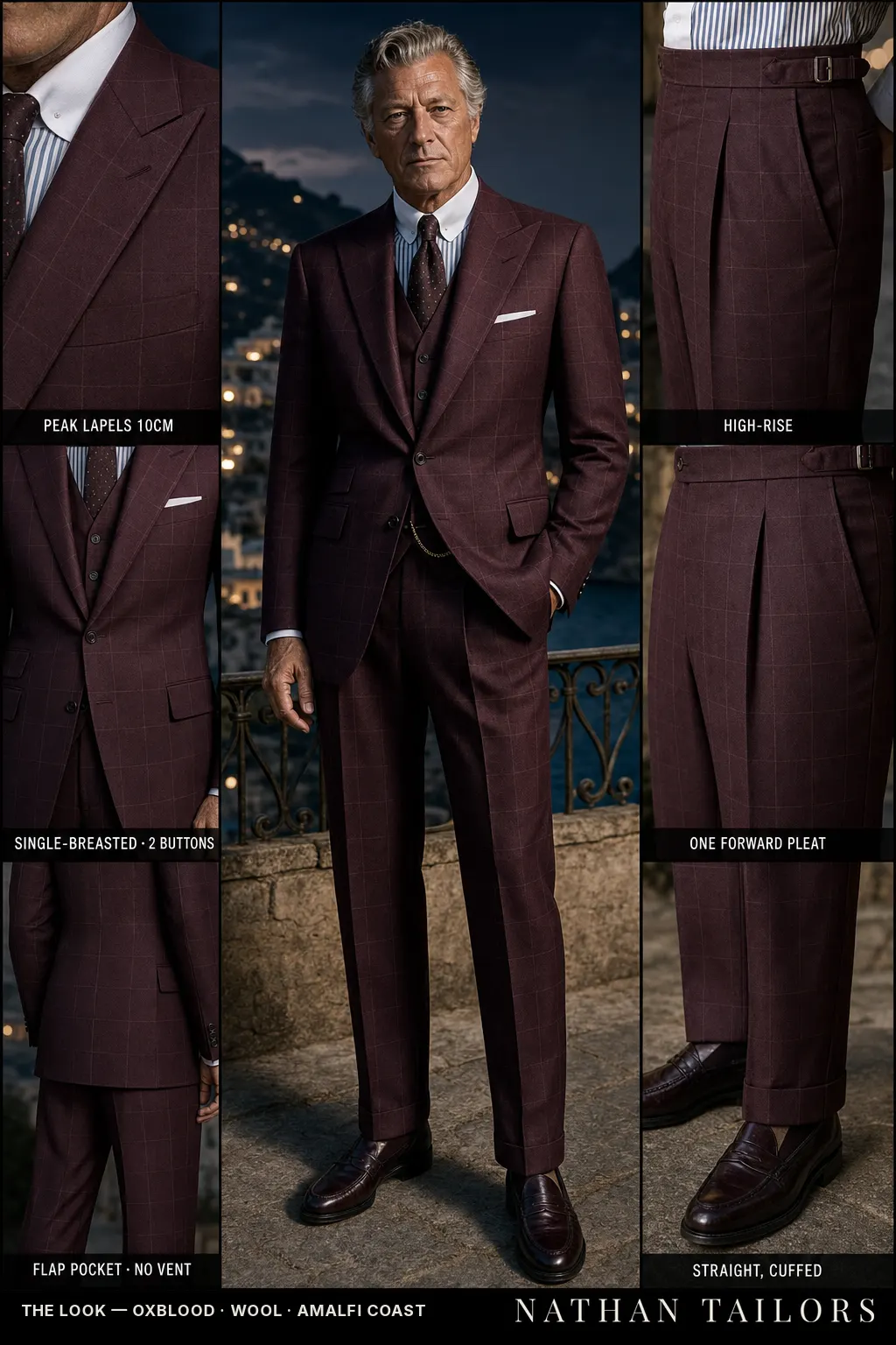 oxblood windowpane single-breasted peak-lapel bespoke suit — AI-rendered by Nathan Tailors, the Hoi An custom tailor. Available as a custom tailored suit from $149.