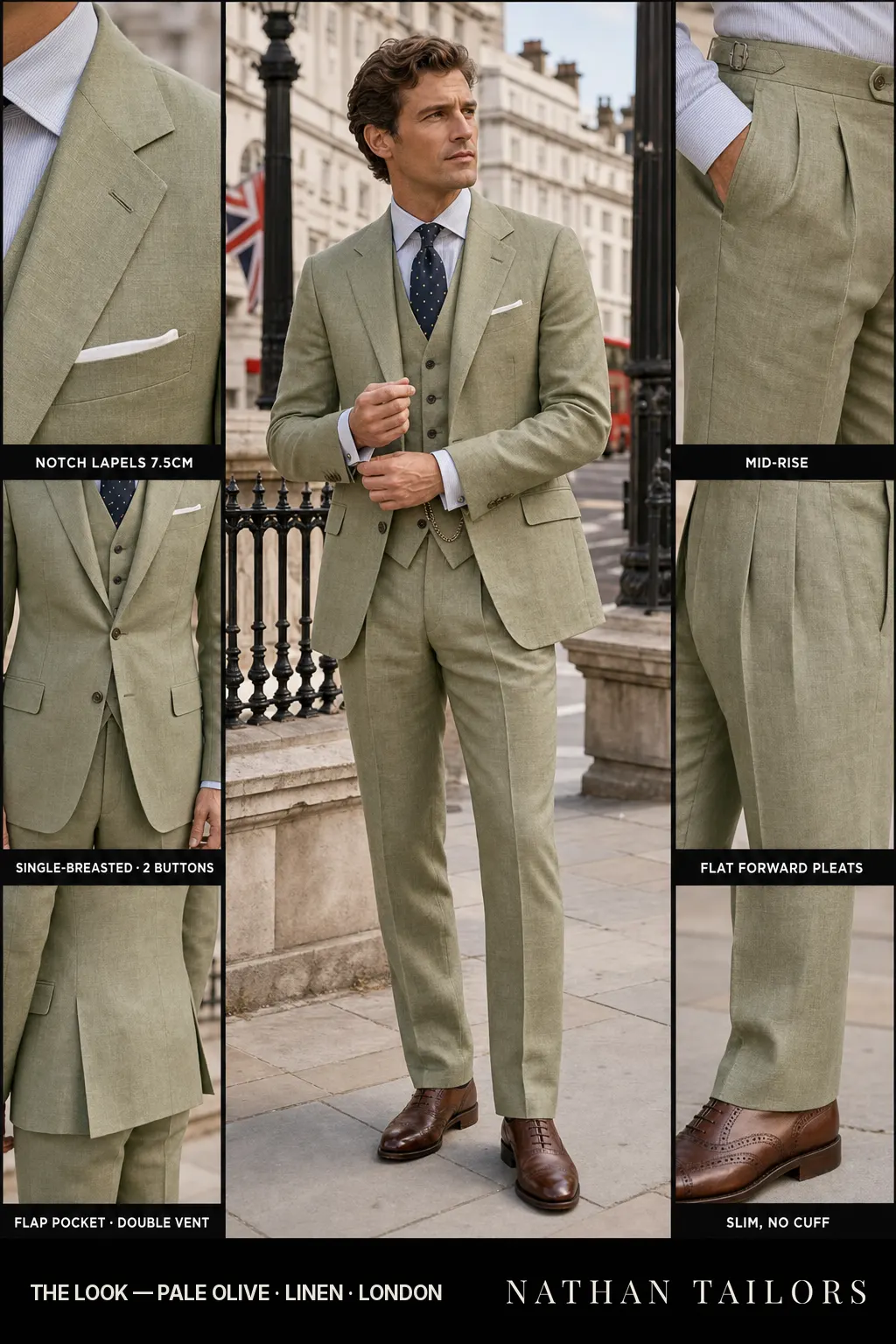 pale olive single-breasted notch-lapel bespoke suit — AI-rendered by Nathan Tailors, the Hoi An custom tailor. Available as a custom tailored suit from $149.