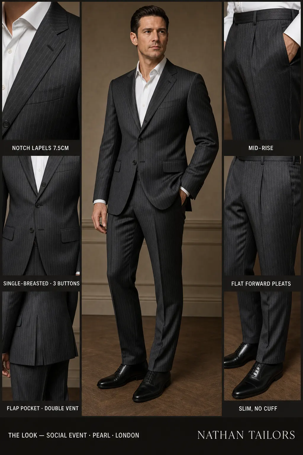 pearl chalk stripe single-breasted notch-lapel bespoke suit โ AI-rendered by Nathan Tailors, the Hoi An custom tailor. Available as a custom tailored suit from $149.