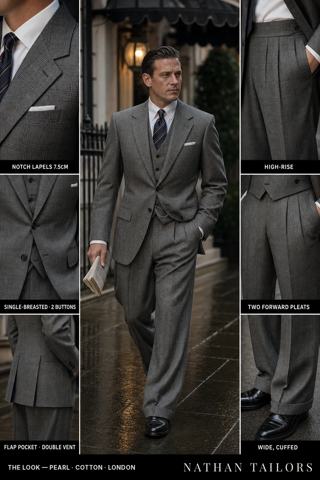 pearl glen plaid single-breasted notch-lapel bespoke suit — AI-rendered by Nathan Tailors, the Hoi An custom tailor. Available as a custom tailored suit from $149.