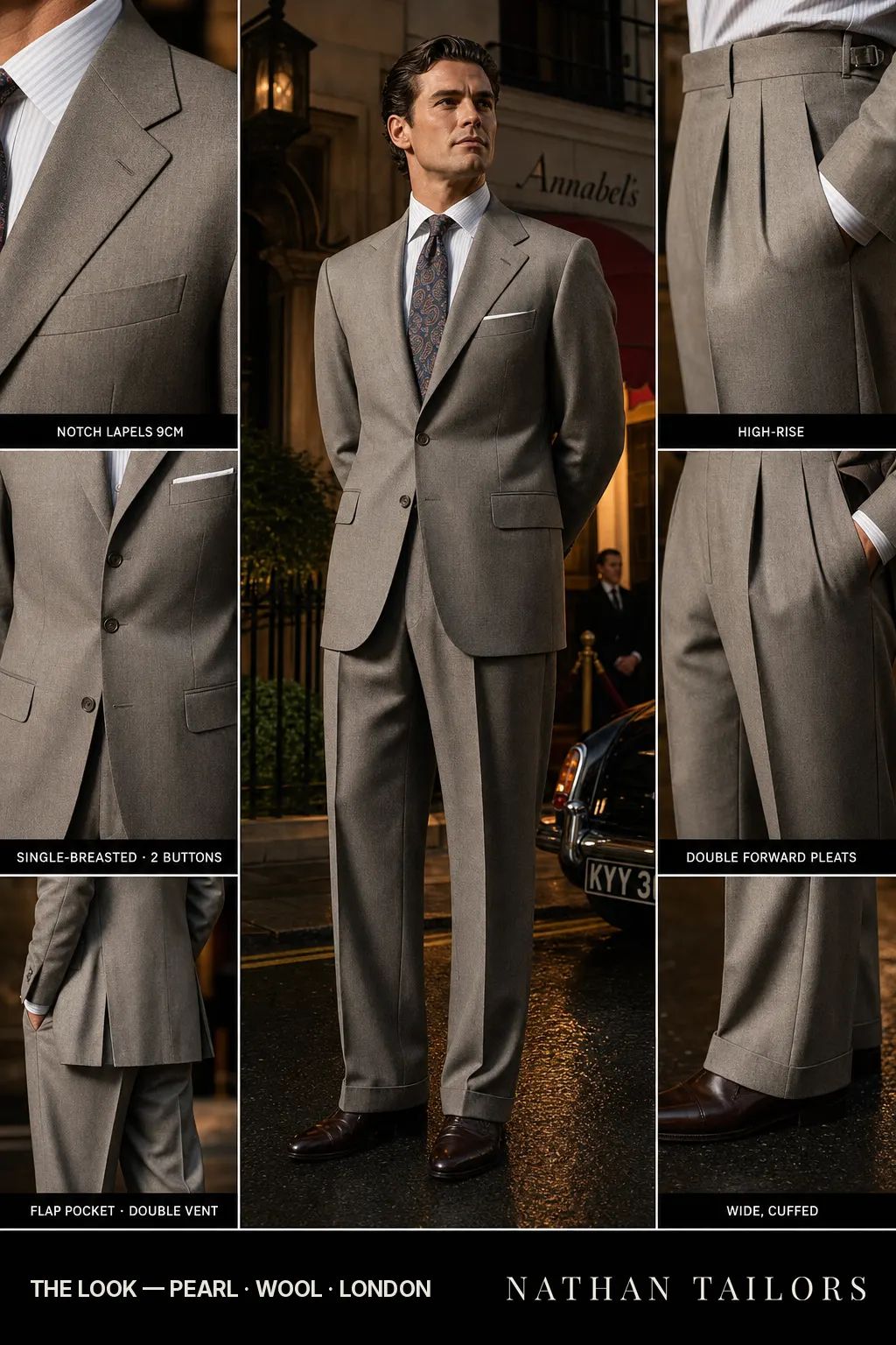 pearl single-breasted notch-lapel bespoke suit — AI-rendered by Nathan Tailors, the Hoi An custom tailor. Available as a custom tailored suit from $149.