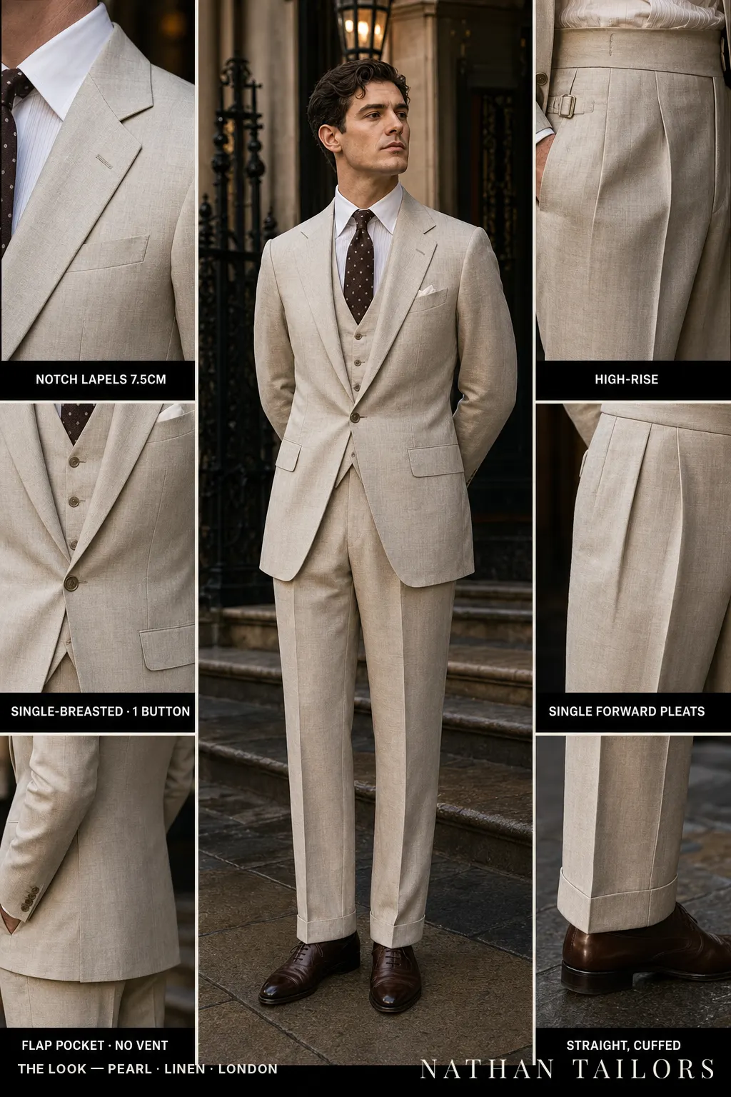 pearl single-breasted notch-lapel bespoke suit — AI-rendered by Nathan Tailors, the Hoi An custom tailor. Available as a custom tailored suit from $149.