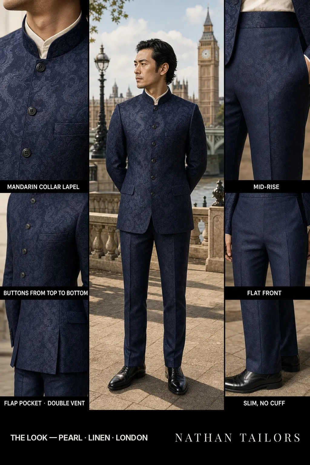 pearl single-breasted notch-lapel bespoke suit — AI-rendered by Nathan Tailors, the Hoi An custom tailor. Available as a custom tailored suit from $149.