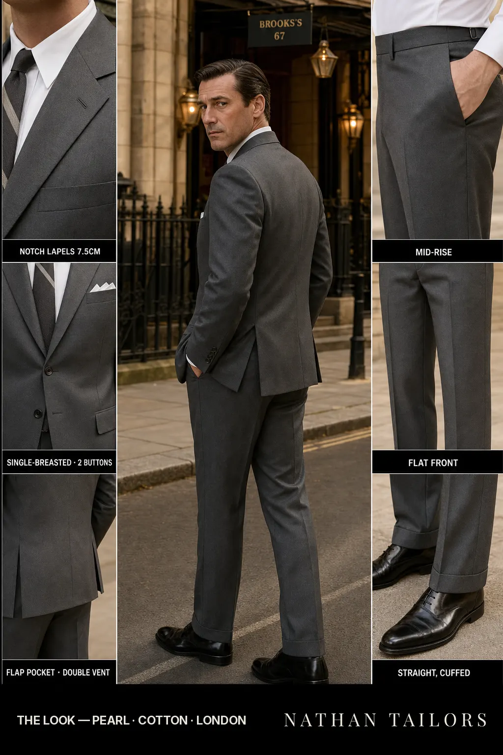 pearl single-breasted notch-lapel bespoke suit — AI-rendered by Nathan Tailors, the Hoi An custom tailor. Available as a custom tailored suit from $169.