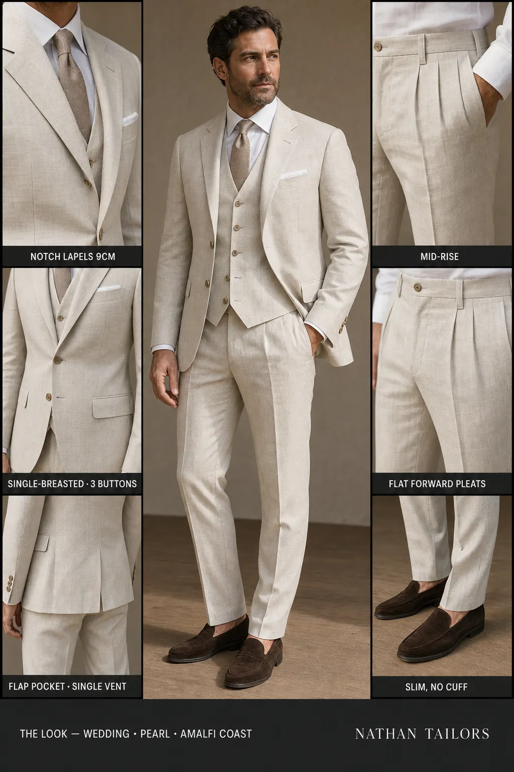 pearl single-breasted notch-lapel bespoke suit โ AI-rendered by Nathan Tailors, the Hoi An custom tailor. Available as a custom tailored suit from $149.