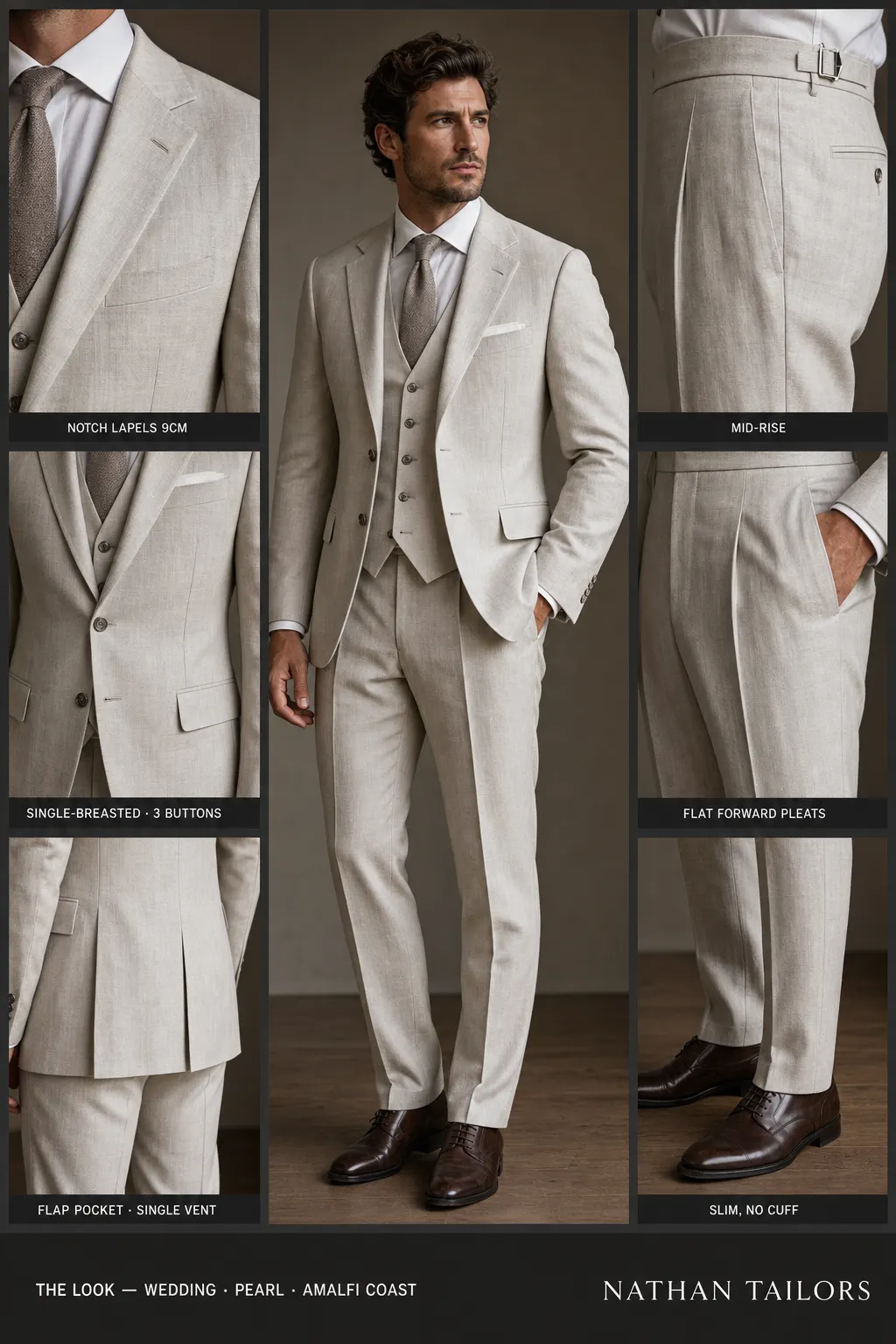 pearl single-breasted notch-lapel bespoke suit โ AI-rendered by Nathan Tailors, the Hoi An custom tailor. Available as a custom tailored suit from $149.