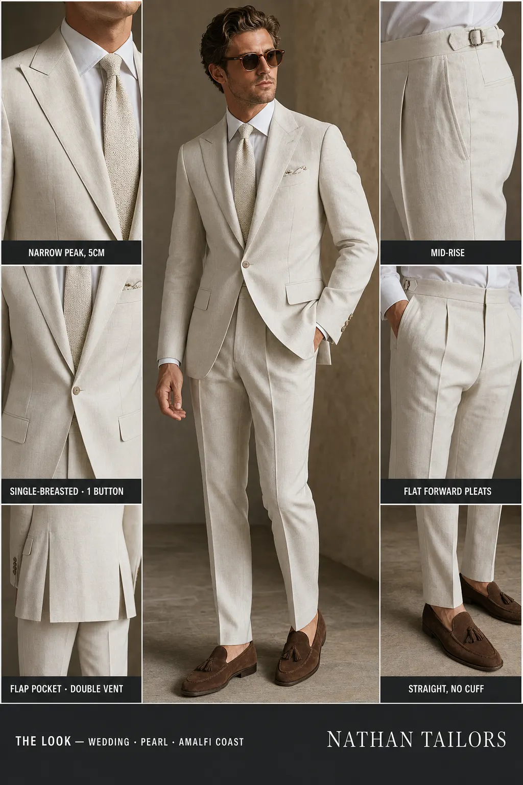 pearl single-breasted notch-lapel bespoke suit — AI-rendered by Nathan Tailors, the Hoi An custom tailor. Available as a custom tailored suit from $149.
