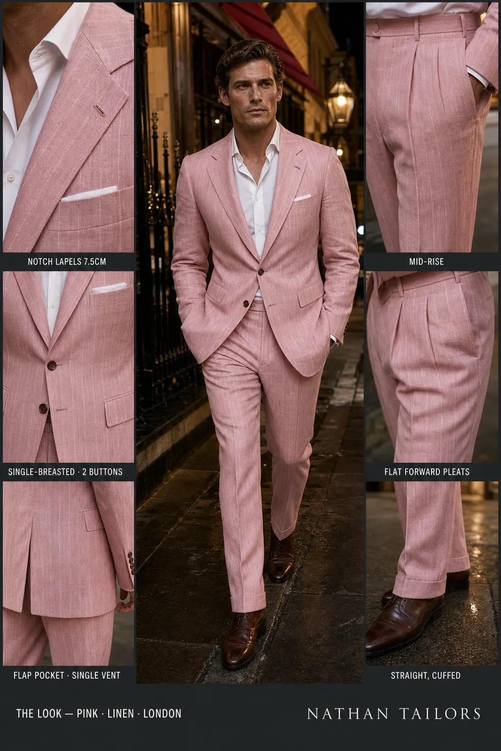 pink pinstripe single-breasted notch-lapel bespoke suit — AI-rendered by Nathan Tailors, the Hoi An custom tailor. Available as a custom tailored suit from $149.