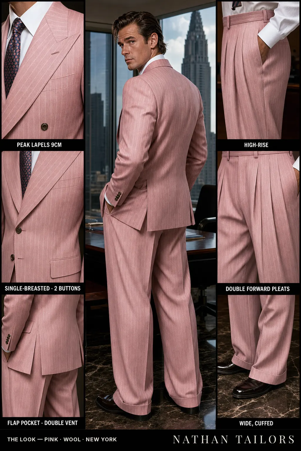 pink pinstripe single-breasted peak-lapel bespoke suit — AI-rendered by Nathan Tailors, the Hoi An custom tailor. Available as a custom tailored suit from $149.