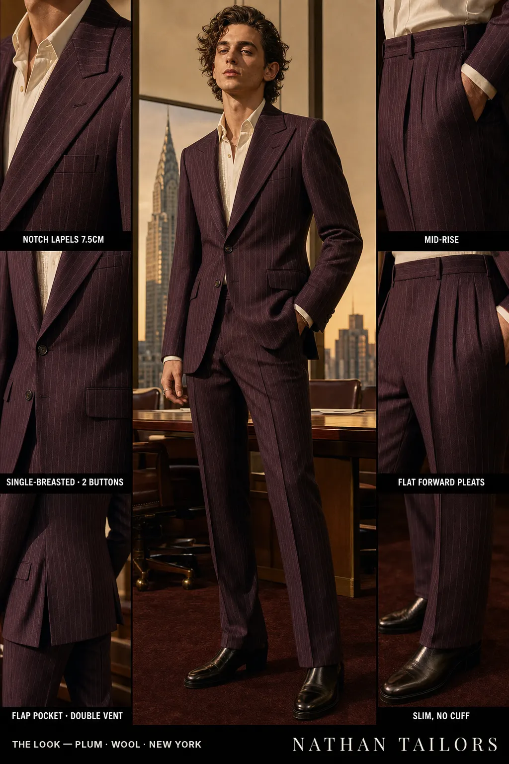 plum chalk stripe single-breasted notch-lapel bespoke suit — AI-rendered by Nathan Tailors, the Hoi An custom tailor. Available as a custom tailored suit from $149.