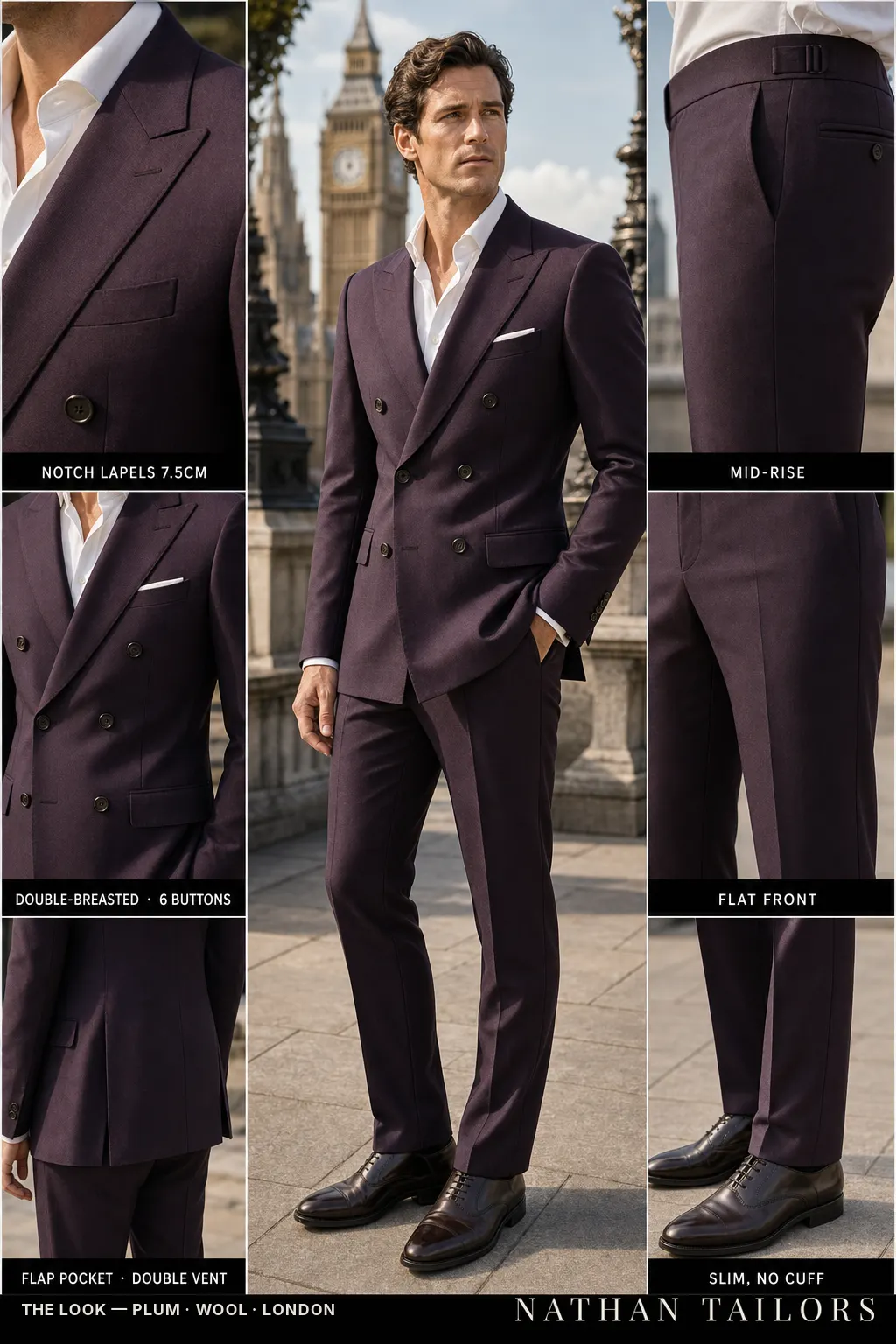 plum double-breasted notch-lapel bespoke suit — AI-rendered by Nathan Tailors, the Hoi An custom tailor. Available as a custom tailored suit from $149.