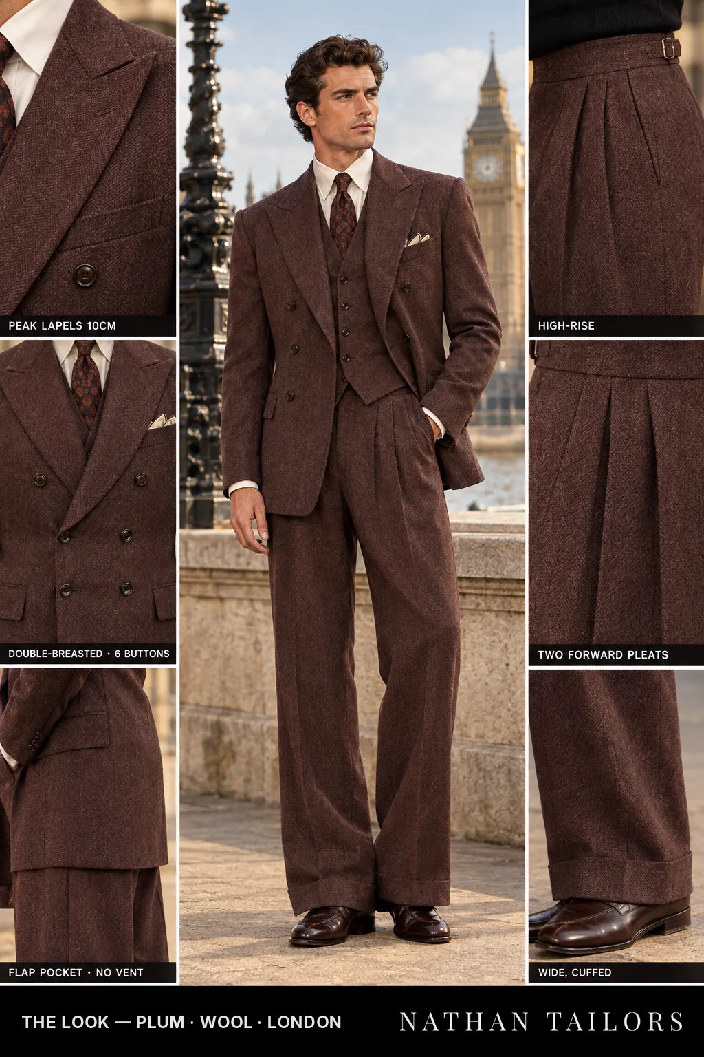 plum herringbone double-breasted bespoke suit โ custom tailored by Nathan Tailors, the Hoi An custom tailor
