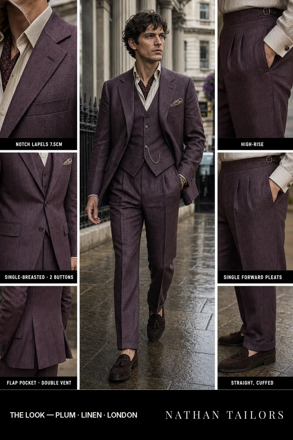 plum herringbone single-breasted notch-lapel bespoke suit — AI-rendered by Nathan Tailors, the Hoi An custom tailor. Available as a custom tailored suit from $149.