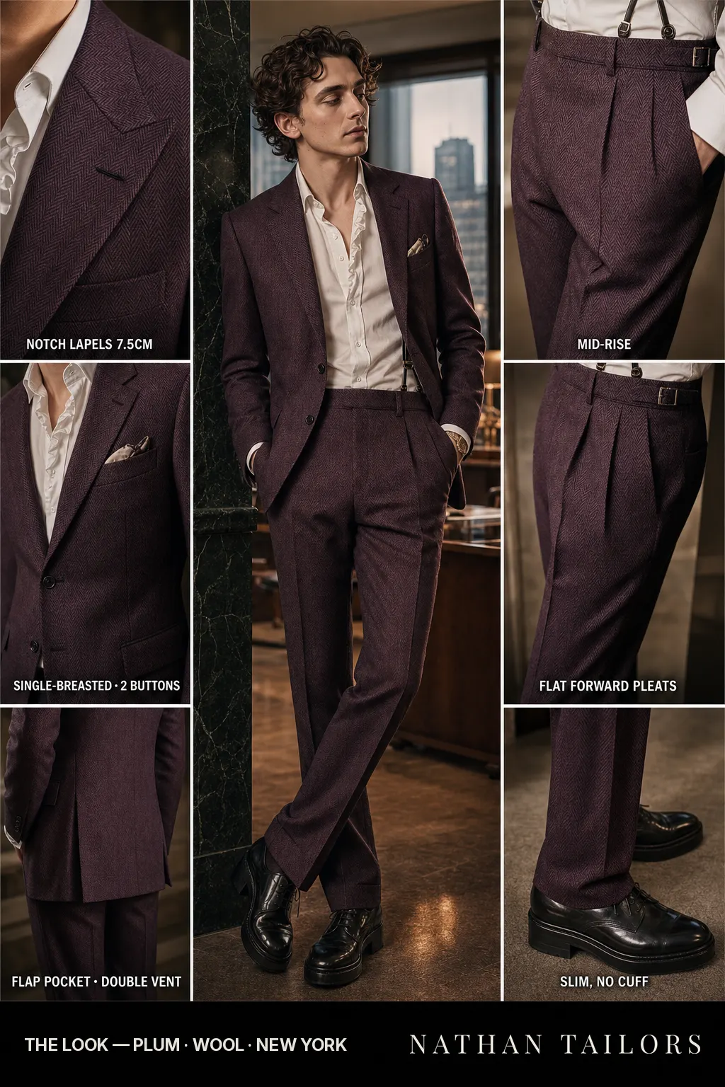 plum herringbone single-breasted notch-lapel bespoke suit โ AI-rendered by Nathan Tailors, the Hoi An custom tailor. Available as a custom tailored suit from $149.