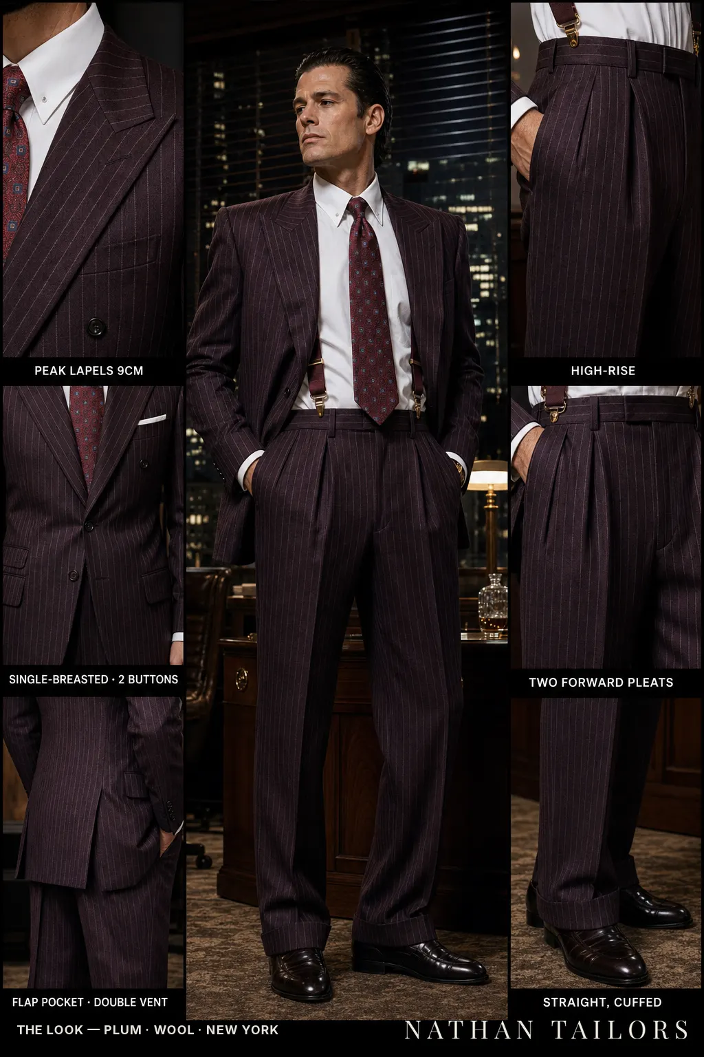 plum pinstripe single-breasted bespoke suit — custom tailored by Nathan Tailors, the Hoi An custom tailor