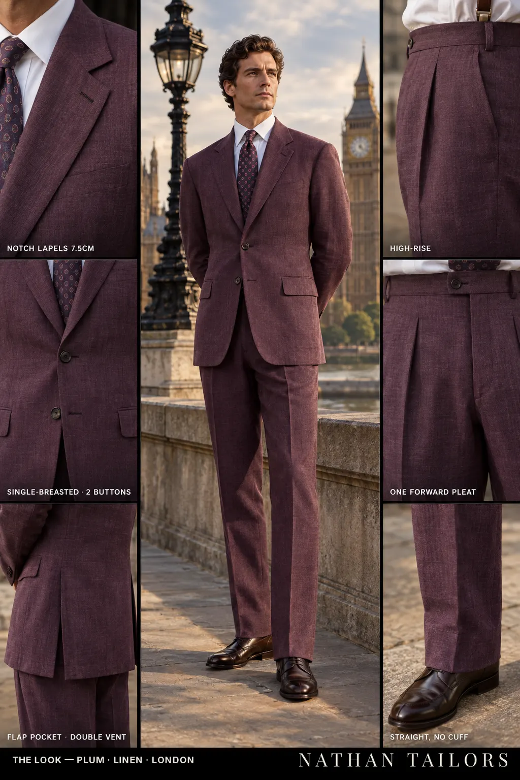 plum single-breasted bespoke suit — custom tailored by Nathan Tailors, the Hoi An custom tailor