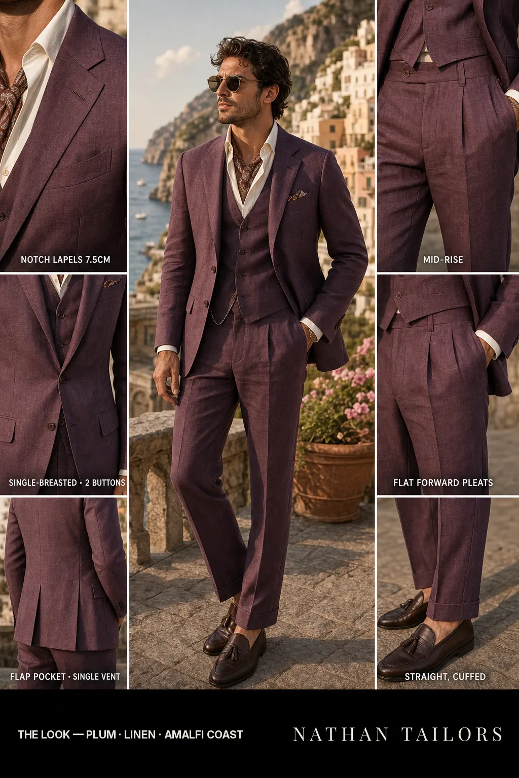 plum single-breasted notch-lapel bespoke suit โ AI-rendered by Nathan Tailors, the Hoi An custom tailor. Available as a custom tailored suit from $149.