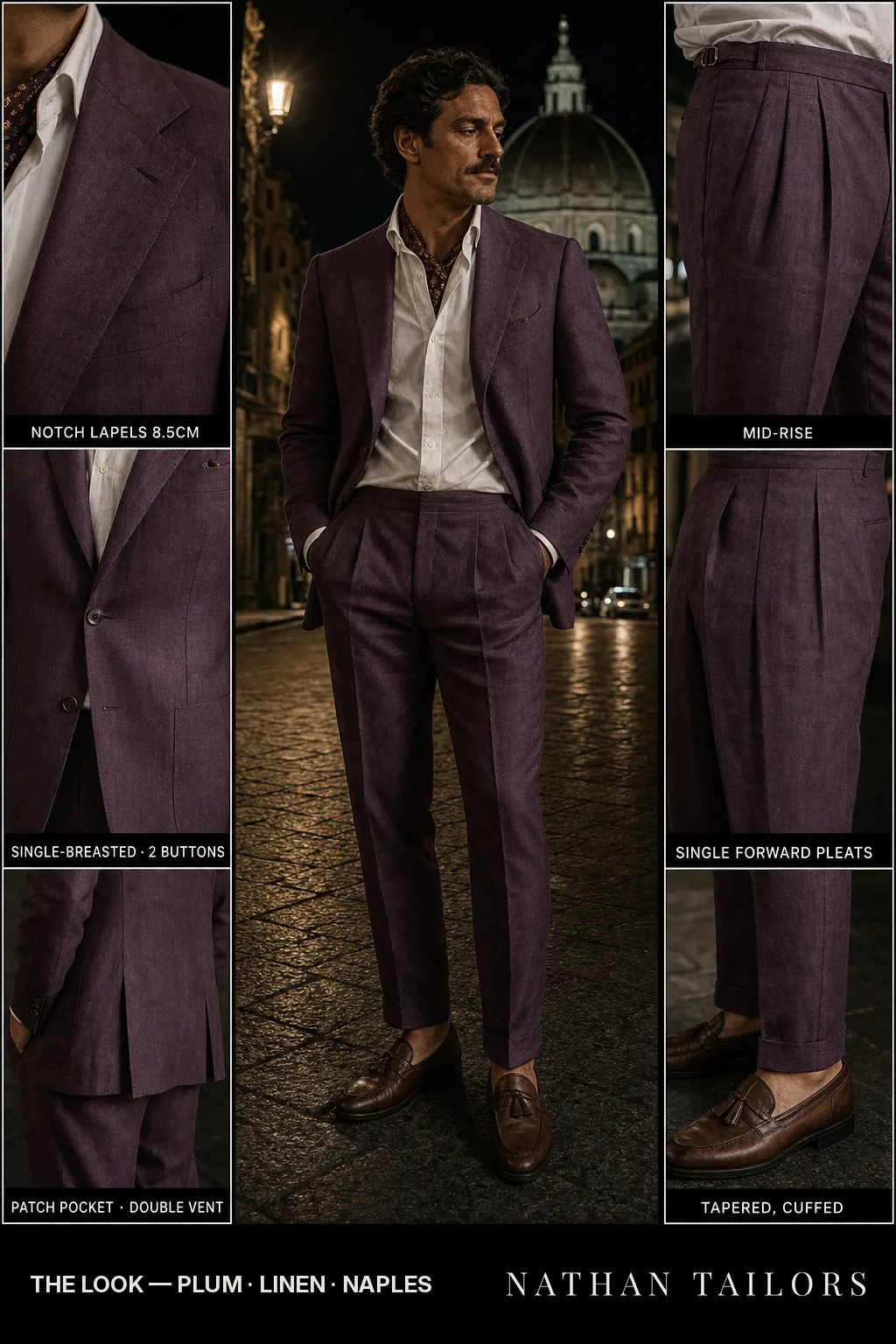 plum single-breasted notch-lapel bespoke suit — AI-rendered by Nathan Tailors, the Hoi An custom tailor. Available as a custom tailored suit from $149.