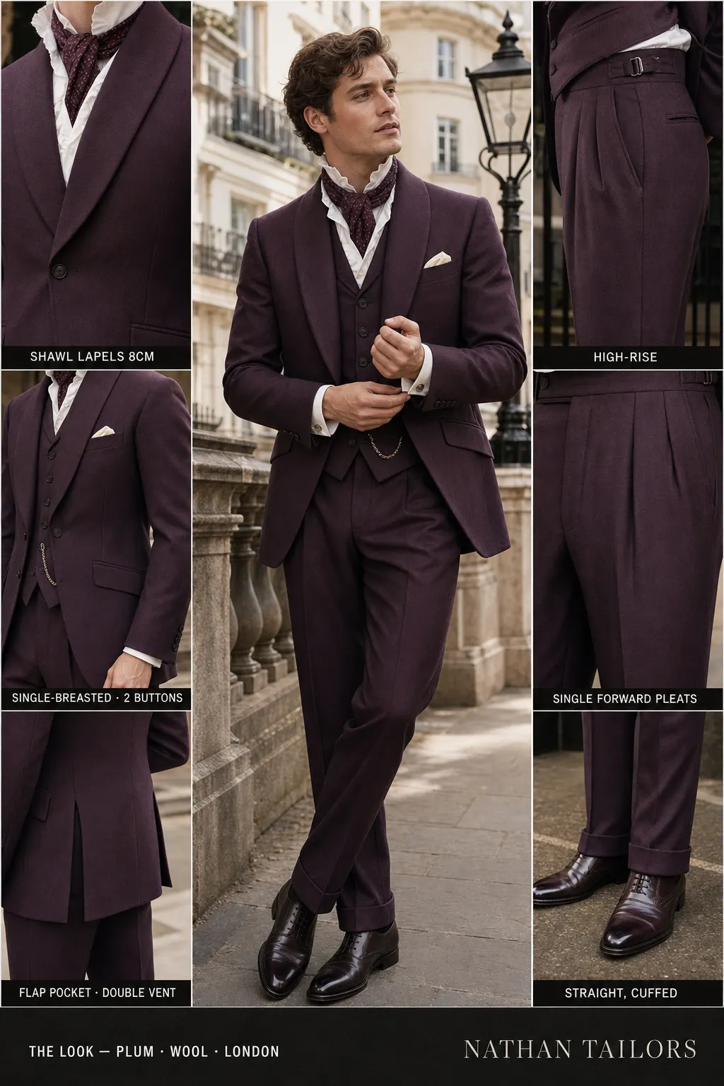plum single-breasted shawl-lapel bespoke suit — AI-rendered by Nathan Tailors, the Hoi An custom tailor. Available as a custom tailored suit from $149.