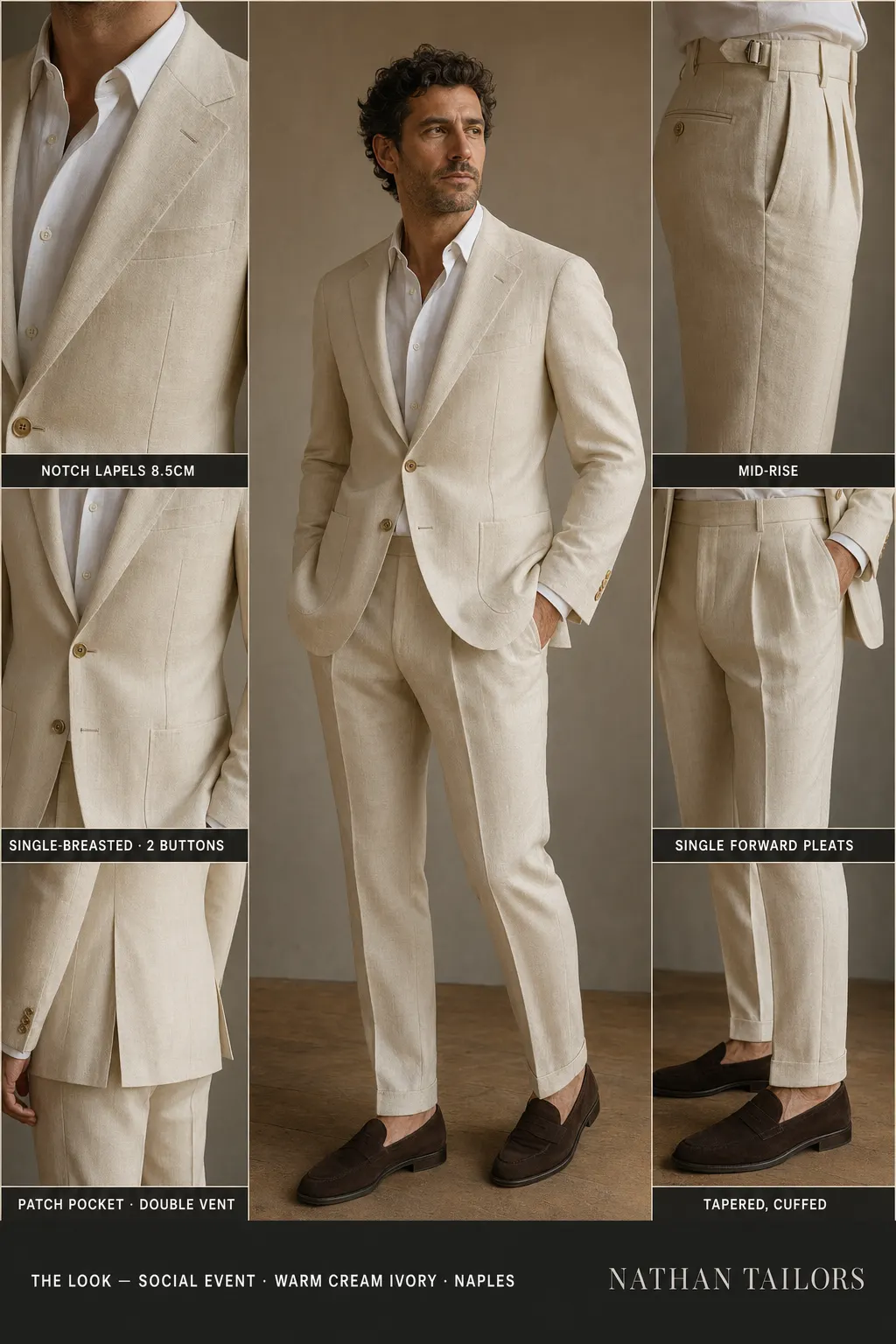 warm cream ivory single-breasted notch-lapel bespoke suit — AI-rendered by Nathan Tailors, the Hoi An custom tailor. Available as a custom tailored suit from $149.
