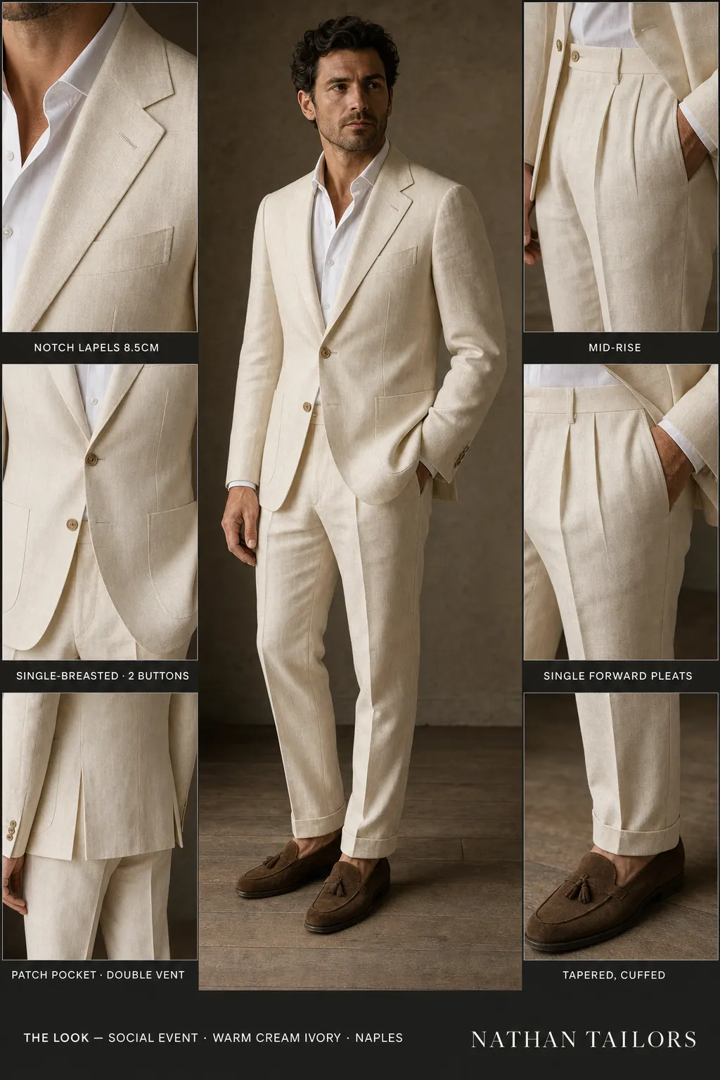 warm cream ivory single-breasted notch-lapel bespoke suit — AI-rendered by Nathan Tailors, the Hoi An custom tailor. Available as a custom tailored suit from $149.