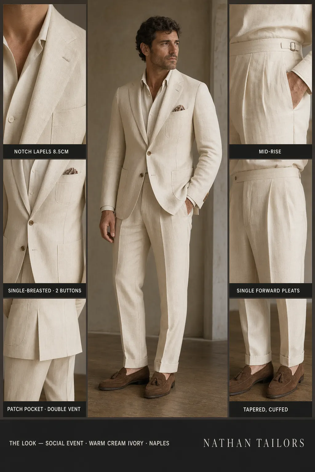 warm cream ivory single-breasted notch-lapel bespoke suit — AI-rendered by Nathan Tailors, the Hoi An custom tailor. Available as a custom tailored suit from $149.