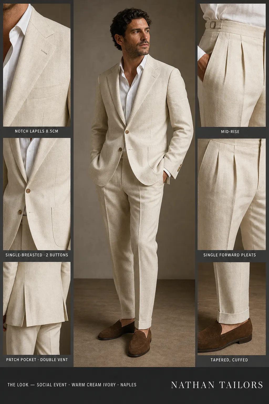 warm cream ivory single-breasted notch-lapel bespoke suit — AI-rendered by Nathan Tailors, the Hoi An custom tailor. Available as a custom tailored suit from $149.
