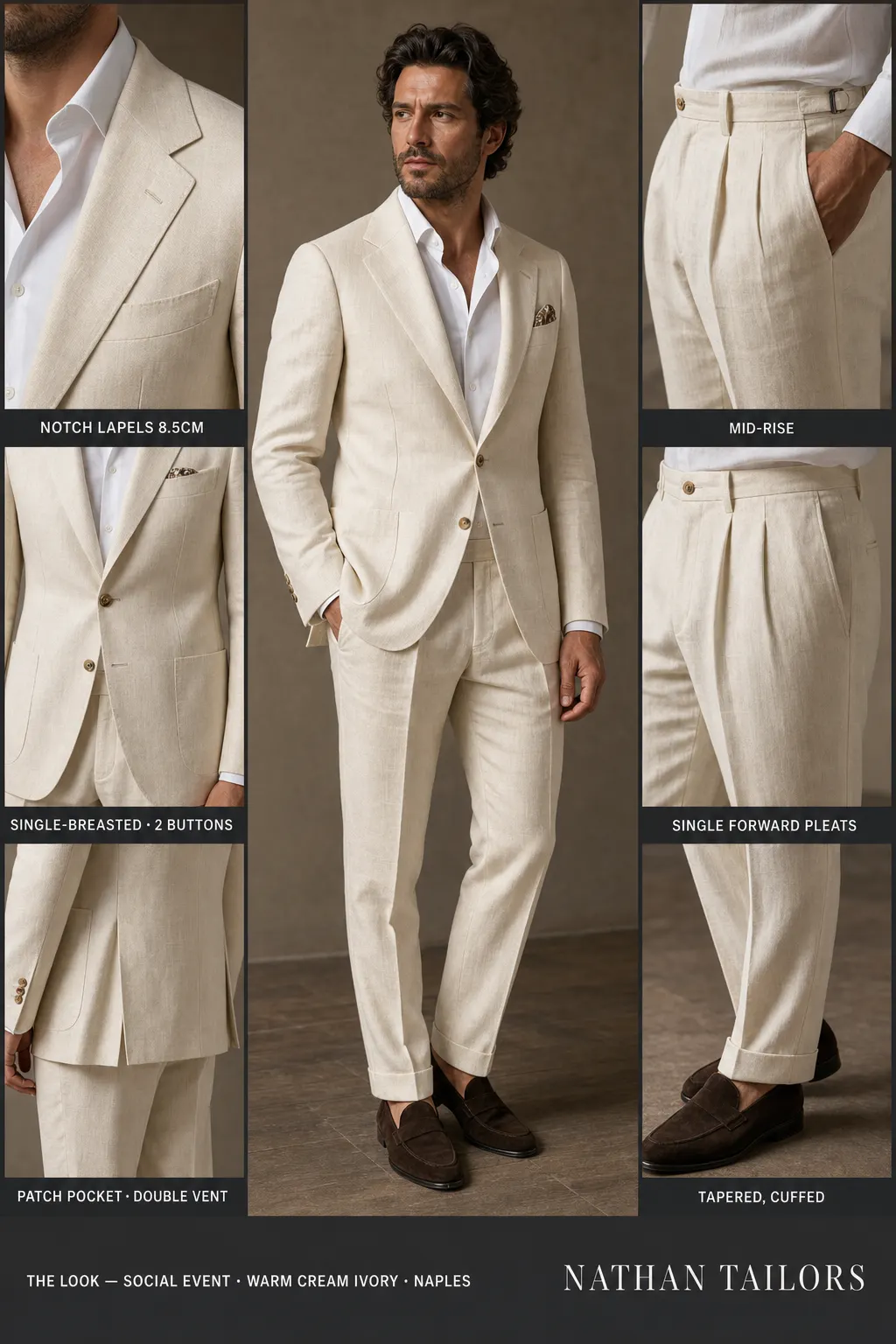 warm cream ivory single-breasted notch-lapel bespoke suit — AI-rendered by Nathan Tailors, the Hoi An custom tailor. Available as a custom tailored suit from $149.