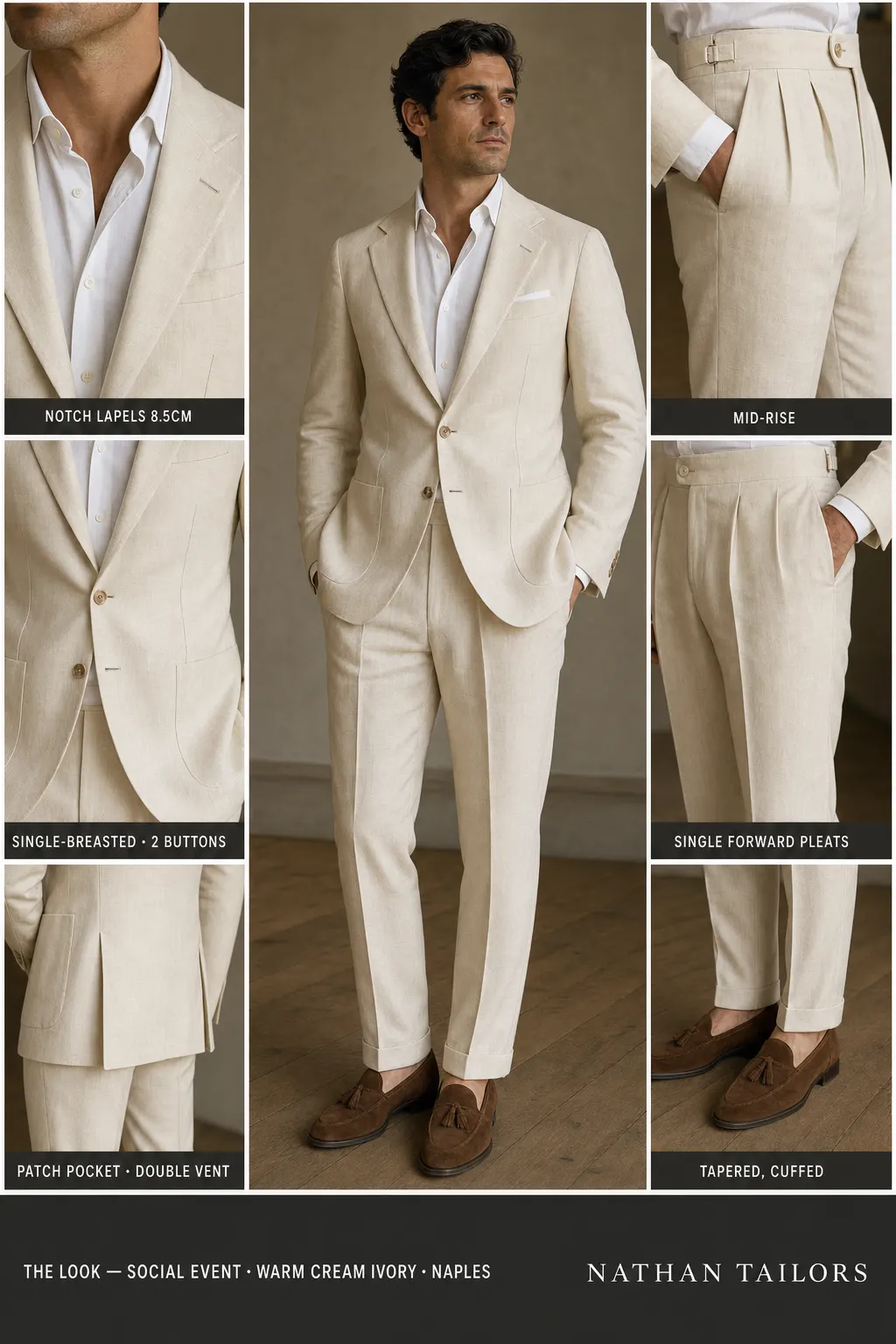 warm cream ivory single-breasted notch-lapel bespoke suit — AI-rendered by Nathan Tailors, the Hoi An custom tailor. Available as a custom tailored suit from $149.