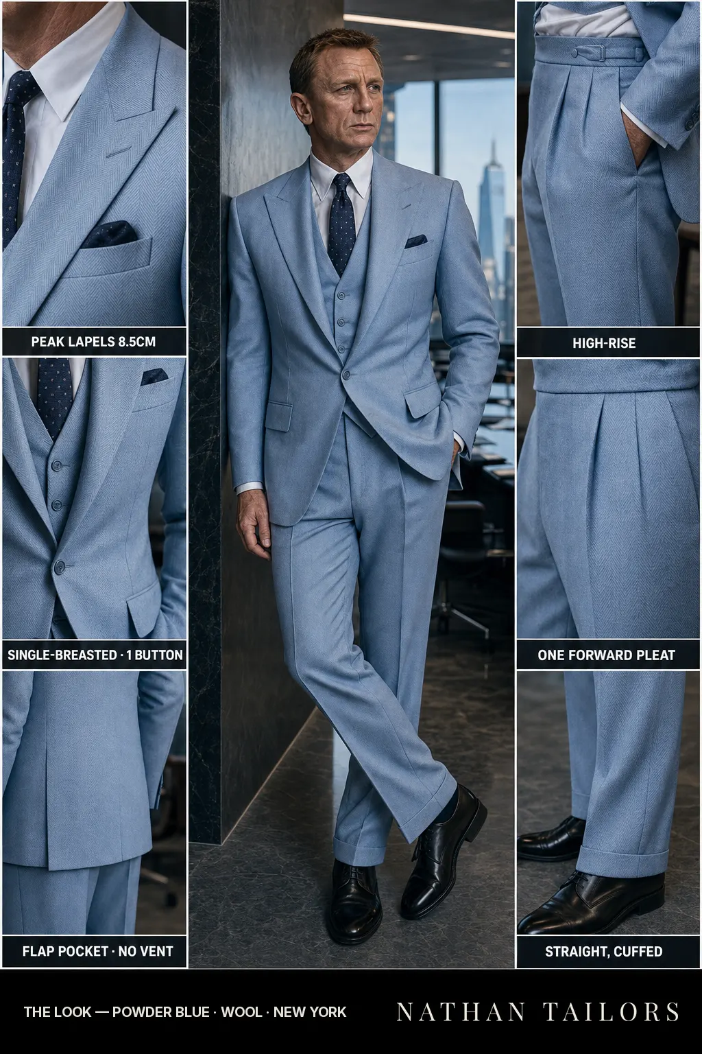 powder blue herringbone single-breasted peak-lapel bespoke suit — AI-rendered by Nathan Tailors, the Hoi An custom tailor. Available as a custom tailored suit from $149.