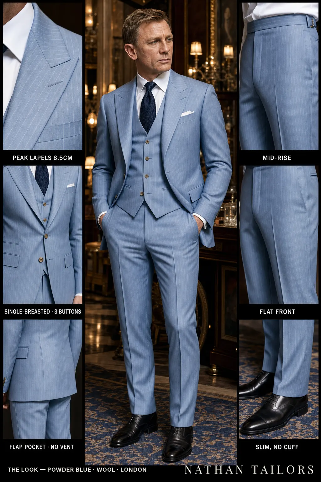 powder blue pinstripe single-breasted peak-lapel bespoke suit — AI-rendered by Nathan Tailors, the Hoi An custom tailor. Available as a custom tailored suit from $149.