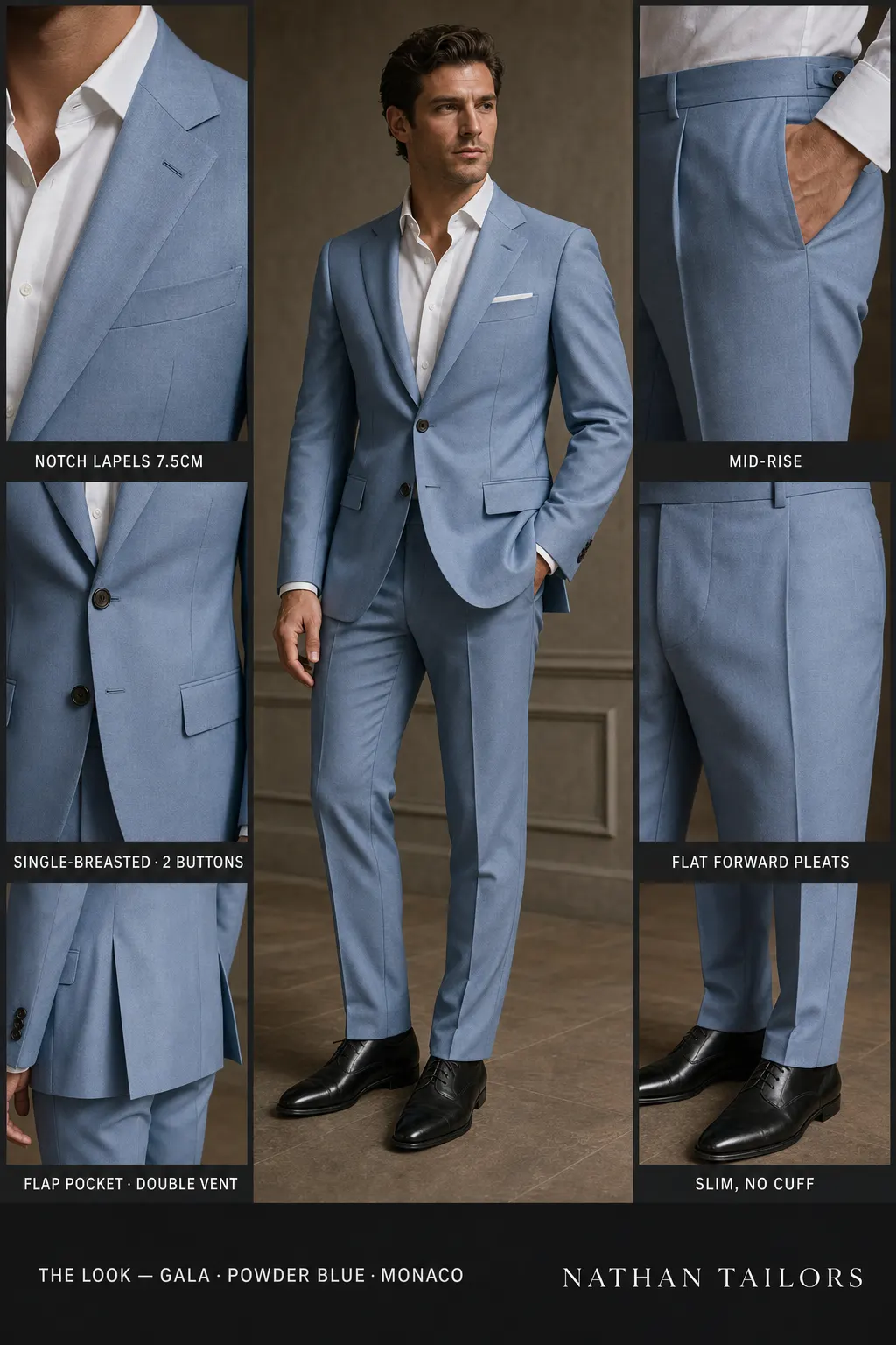 powder blue single-breasted notch-lapel bespoke suit — AI-rendered by Nathan Tailors, the Hoi An custom tailor. Available as a custom tailored suit from $149.