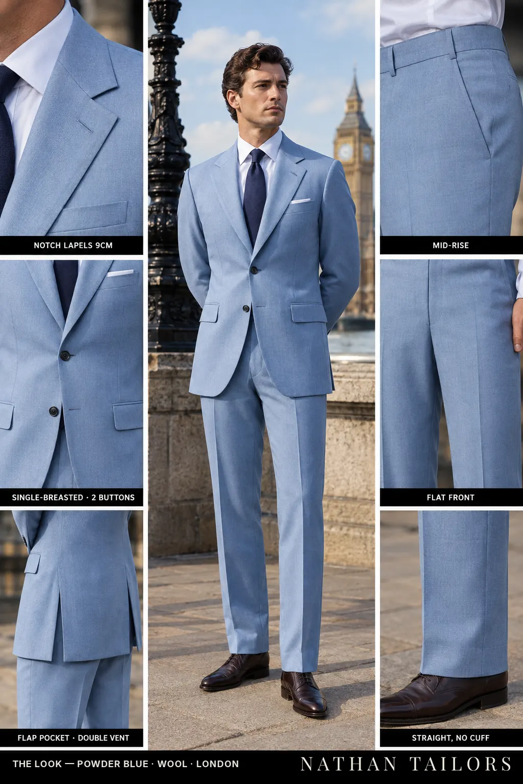 powder blue single-breasted bespoke suit — custom tailored by Nathan Tailors, the Hoi An custom tailor