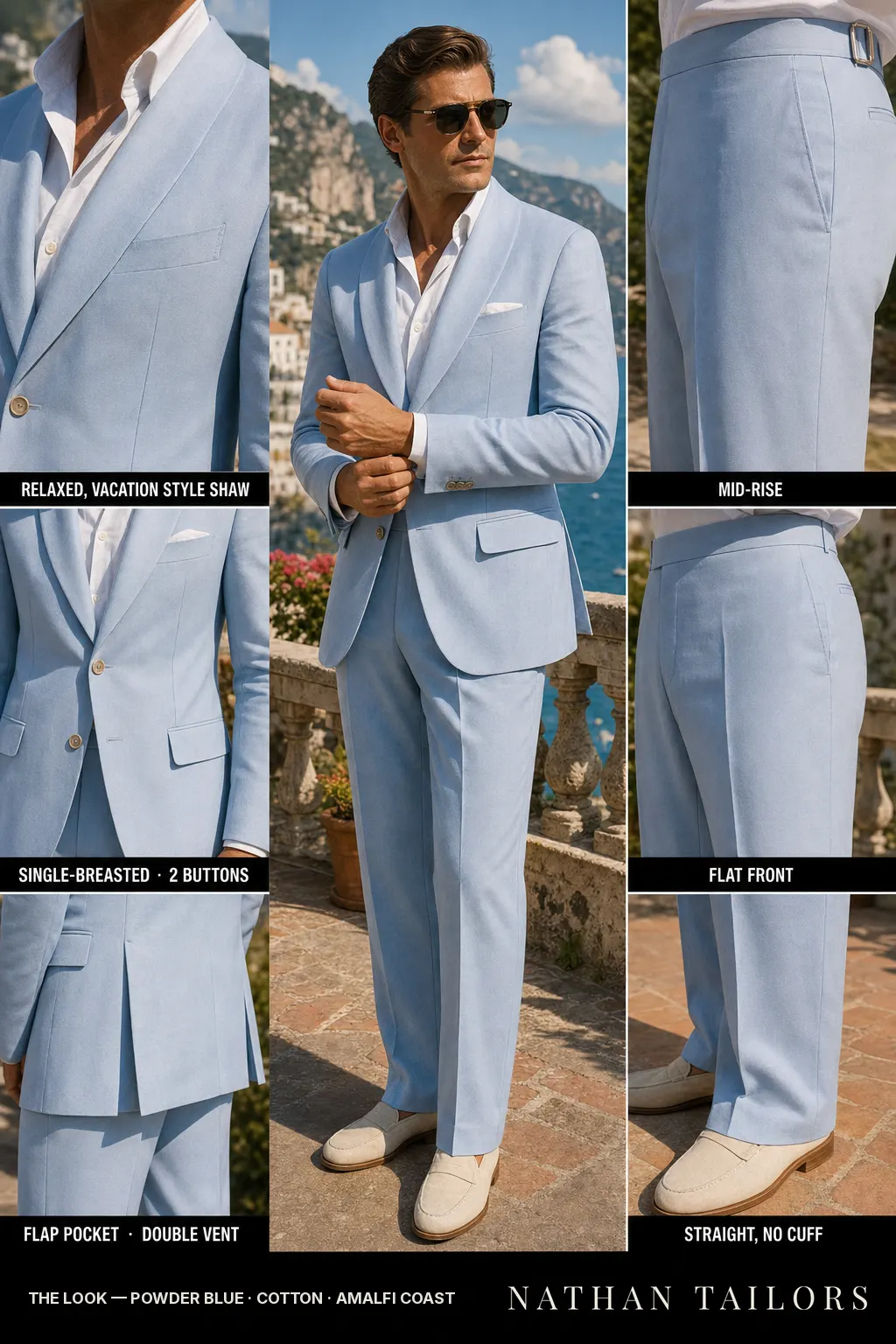 powder blue single-breasted notch-lapel bespoke suit — AI-rendered by Nathan Tailors, the Hoi An custom tailor. Available as a custom tailored suit from $149.