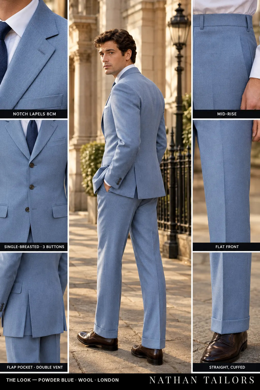 powder blue single-breasted bespoke suit — custom tailored by Nathan Tailors, the Hoi An custom tailor