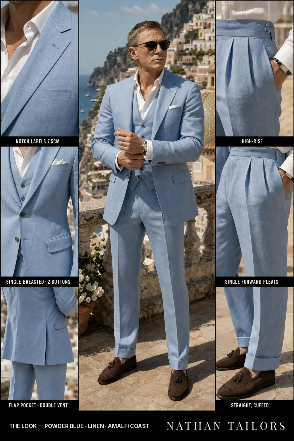 powder blue single-breasted notch-lapel bespoke suit — AI-rendered by Nathan Tailors, the Hoi An custom tailor. Available as a custom tailored suit from $149.