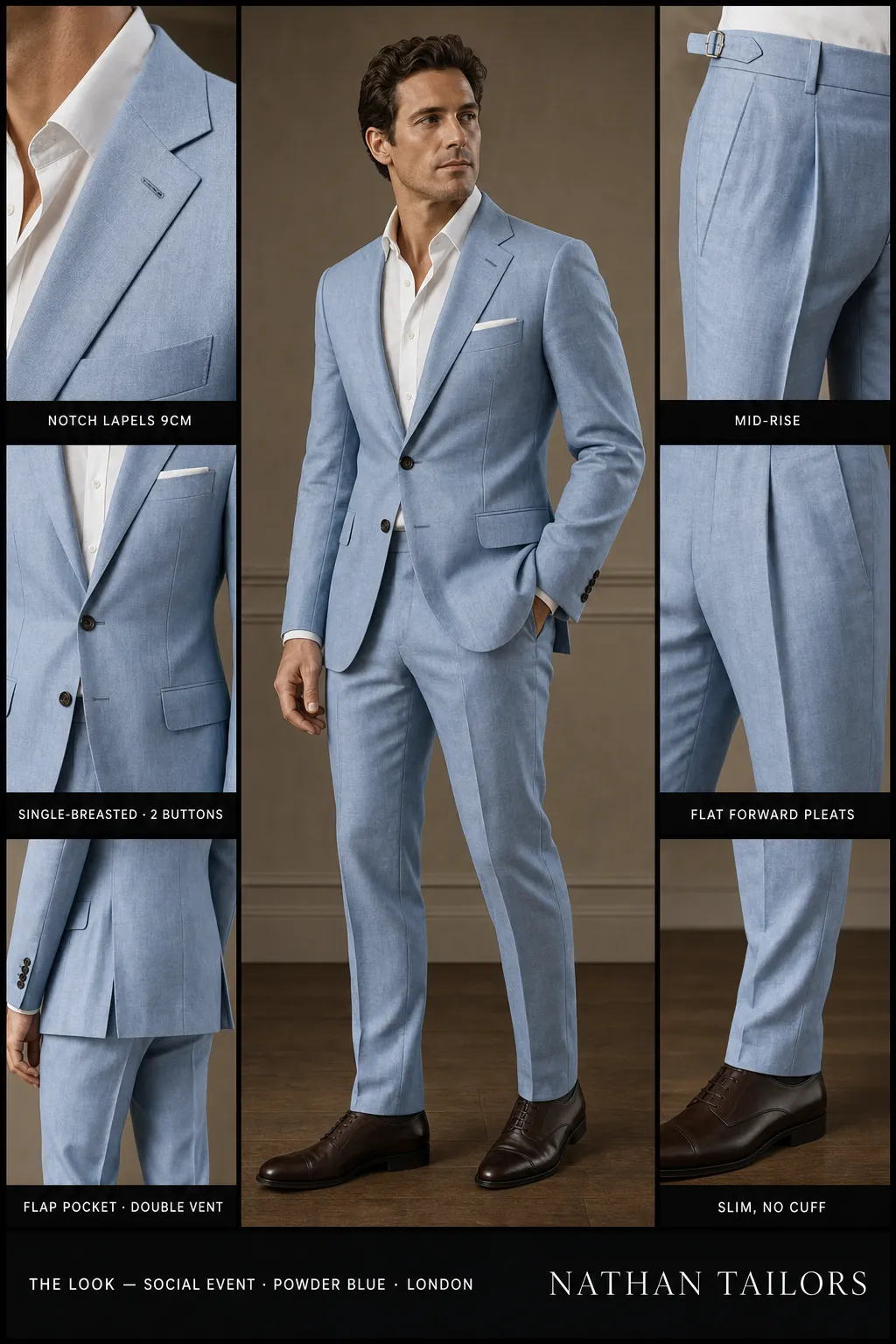 powder blue single-breasted notch-lapel bespoke suit โ AI-rendered by Nathan Tailors, the Hoi An custom tailor. Available as a custom tailored suit from $149.