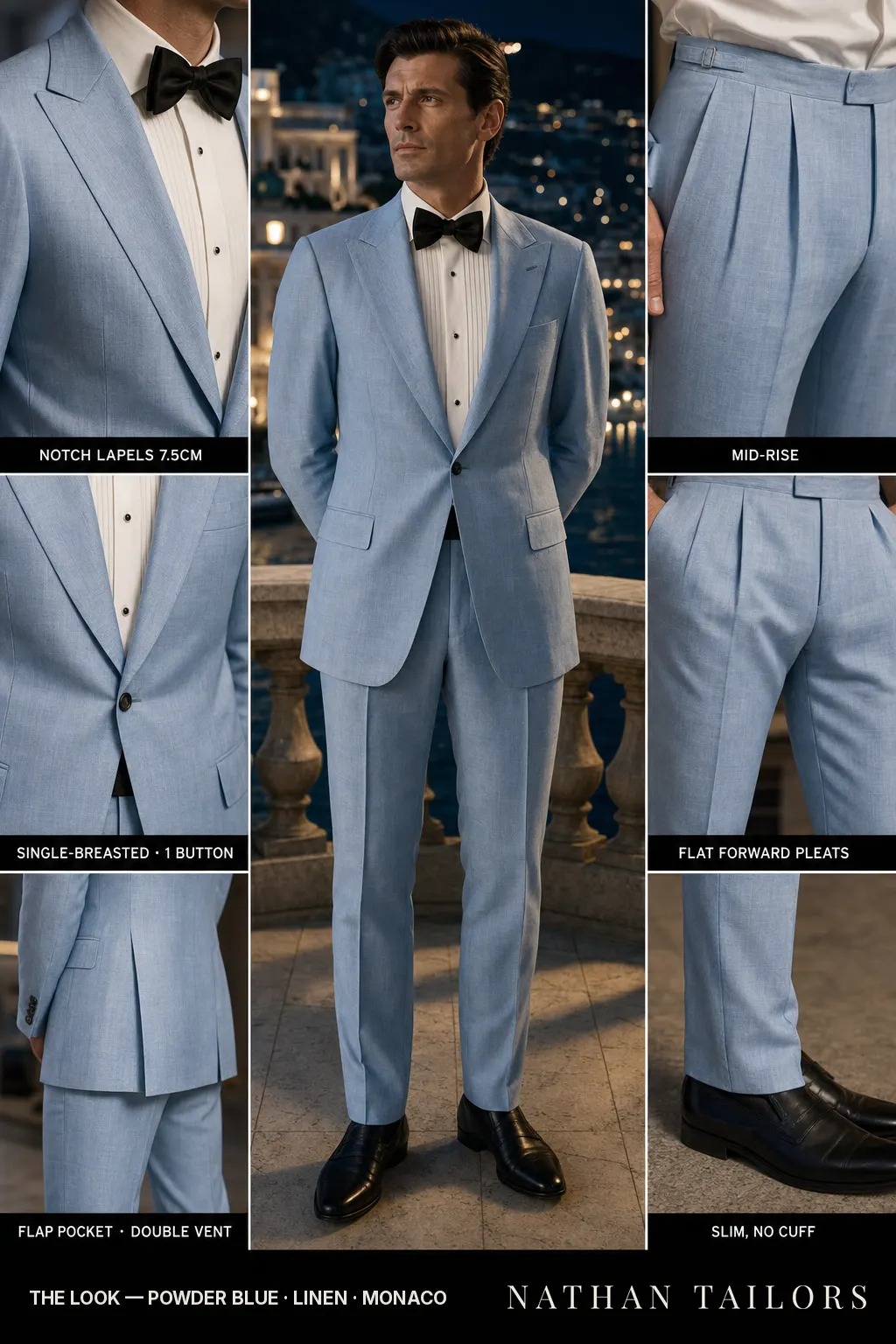 powder blue single-breasted notch-lapel bespoke suit — AI-rendered by Nathan Tailors, the Hoi An custom tailor. Available as a custom tailored suit from $149.