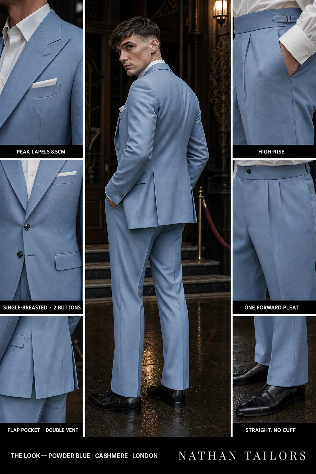 powder blue single-breasted peak-lapel bespoke suit — AI-rendered by Nathan Tailors, the Hoi An custom tailor. Available as a custom tailored suit from $149.