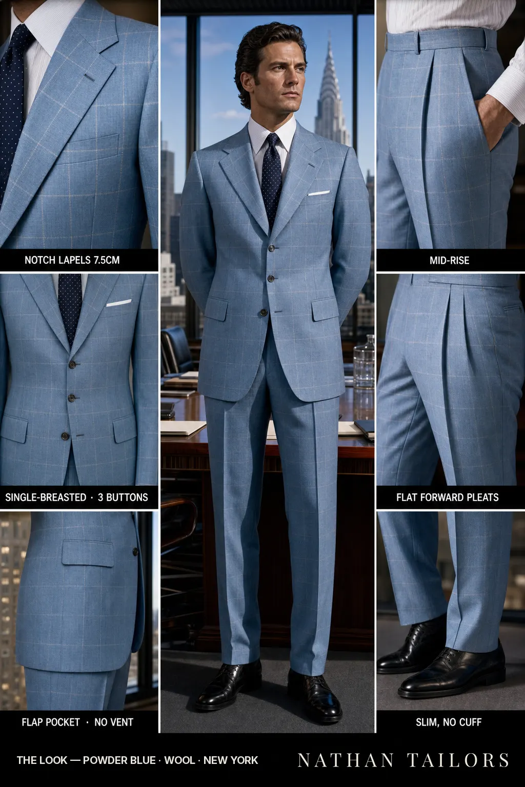 powder blue windowpane single-breasted notch-lapel bespoke suit — AI-rendered by Nathan Tailors, the Hoi An custom tailor. Available as a custom tailored suit from $149.