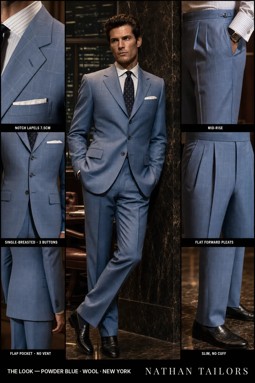 powder blue windowpane single-breasted notch-lapel bespoke suit — AI-rendered by Nathan Tailors, the Hoi An custom tailor. Available as a custom tailored suit from $149.