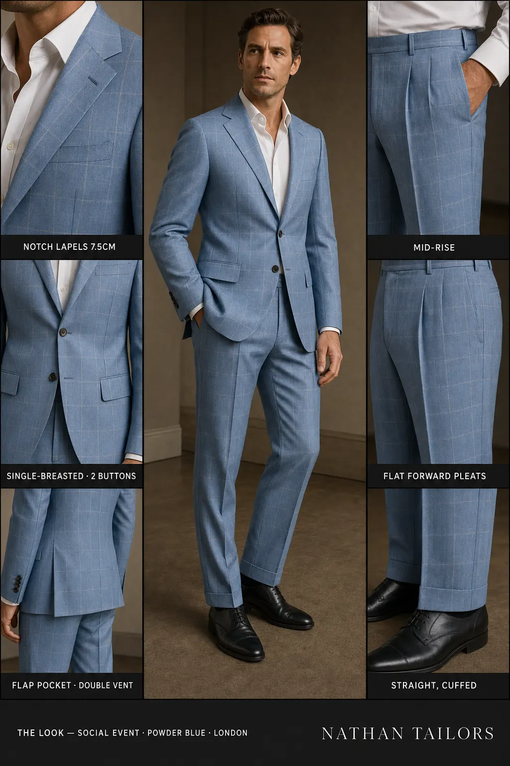 powder blue windowpane single-breasted notch-lapel bespoke suit โ AI-rendered by Nathan Tailors, the Hoi An custom tailor. Available as a custom tailored suit from $149.