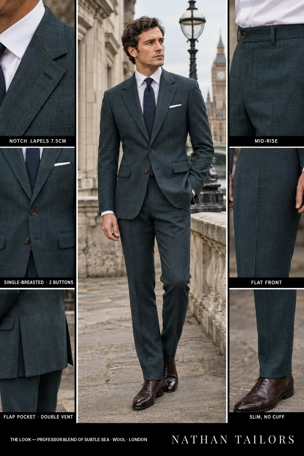 Professor blend of subtle sea single-breasted bespoke suit — custom tailored by Nathan Tailors, the Hoi An custom tailor