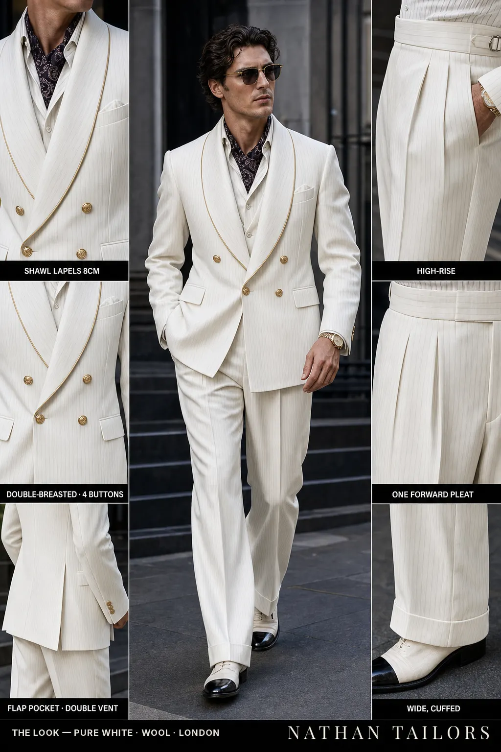 pure white chalk stripe double-breasted shawl-lapel bespoke suit — AI-rendered by Nathan Tailors, the Hoi An custom tailor. Available as a custom tailored suit from $149.