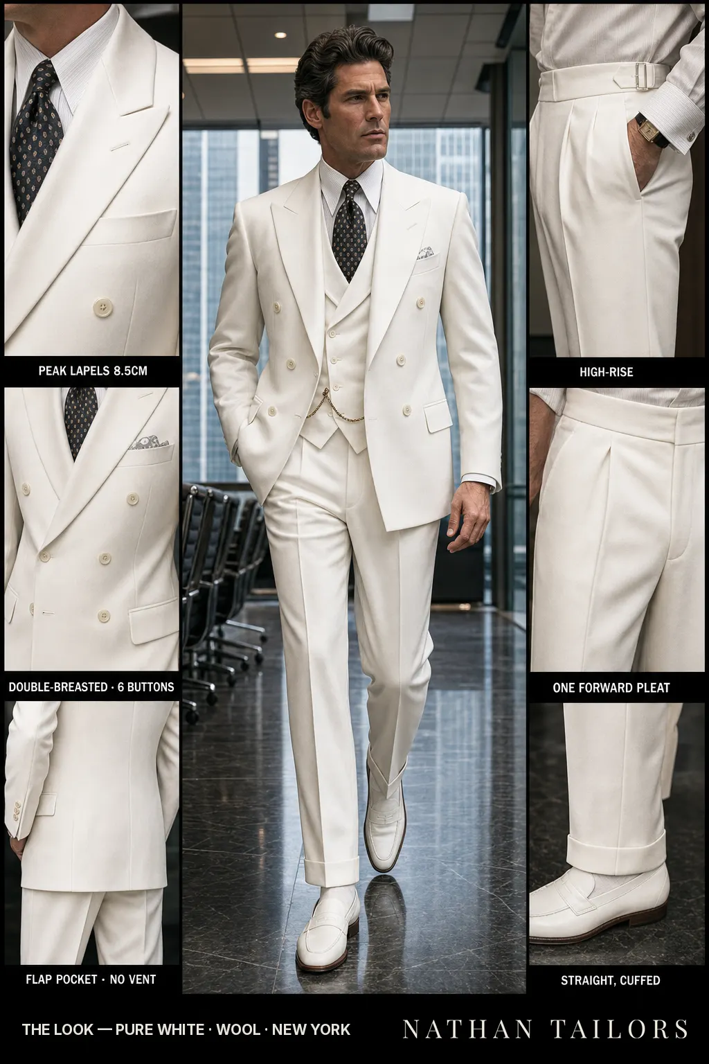 pure white double-breasted bespoke suit — custom tailored by Nathan Tailors, the Hoi An custom tailor
