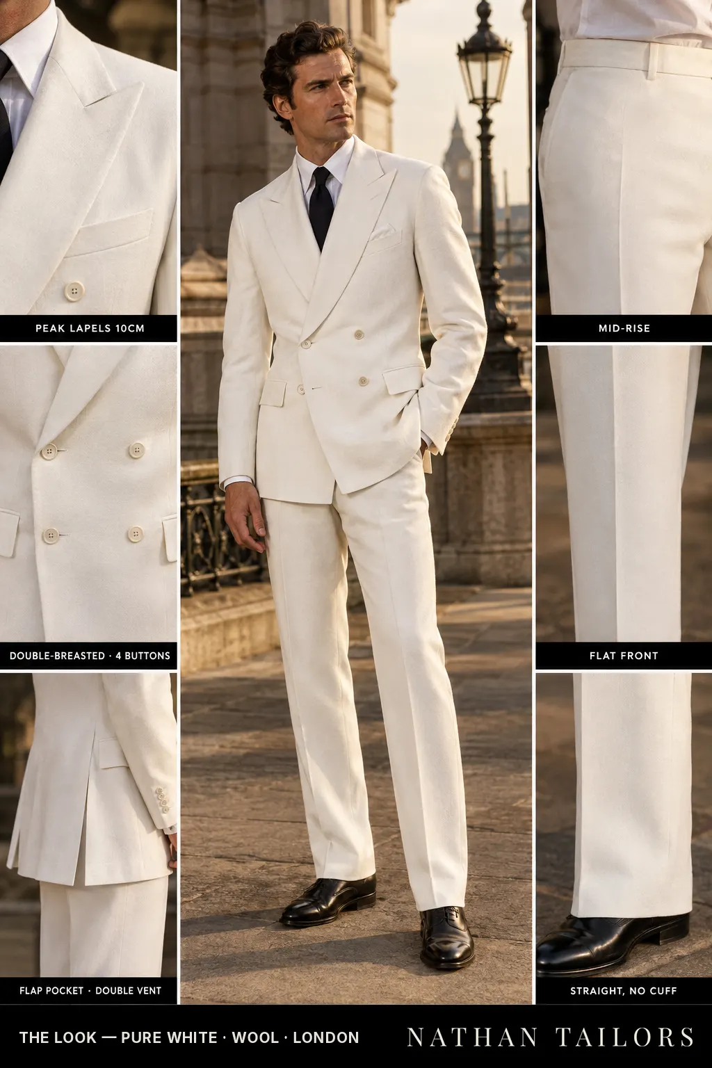 pure white double-breasted bespoke suit โ custom tailored by Nathan Tailors, the Hoi An custom tailor
