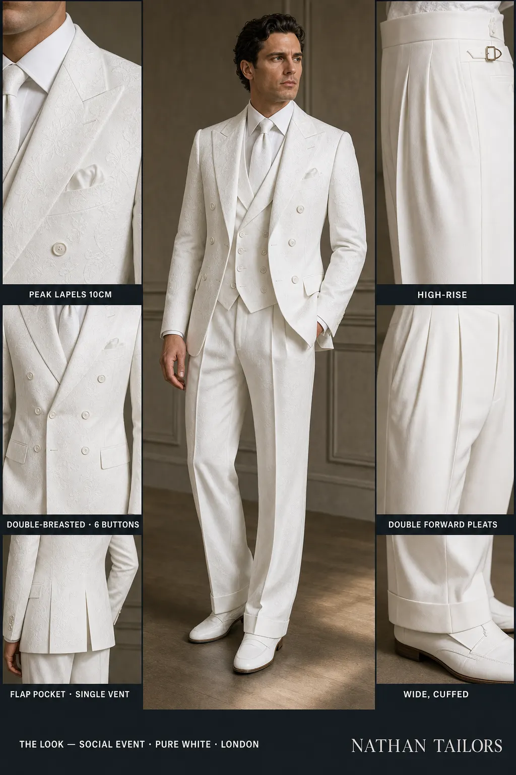 pure white double-breasted peak-lapel bespoke suit — AI-rendered by Nathan Tailors, the Hoi An custom tailor. Available as a custom tailored suit from $149.