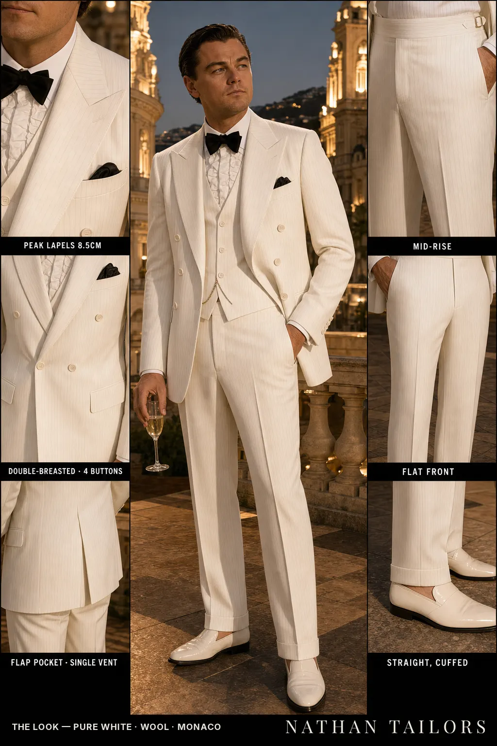pure white pinstripe double-breasted peak-lapel bespoke suit — AI-rendered by Nathan Tailors, the Hoi An custom tailor. Available as a custom tailored suit from $149.