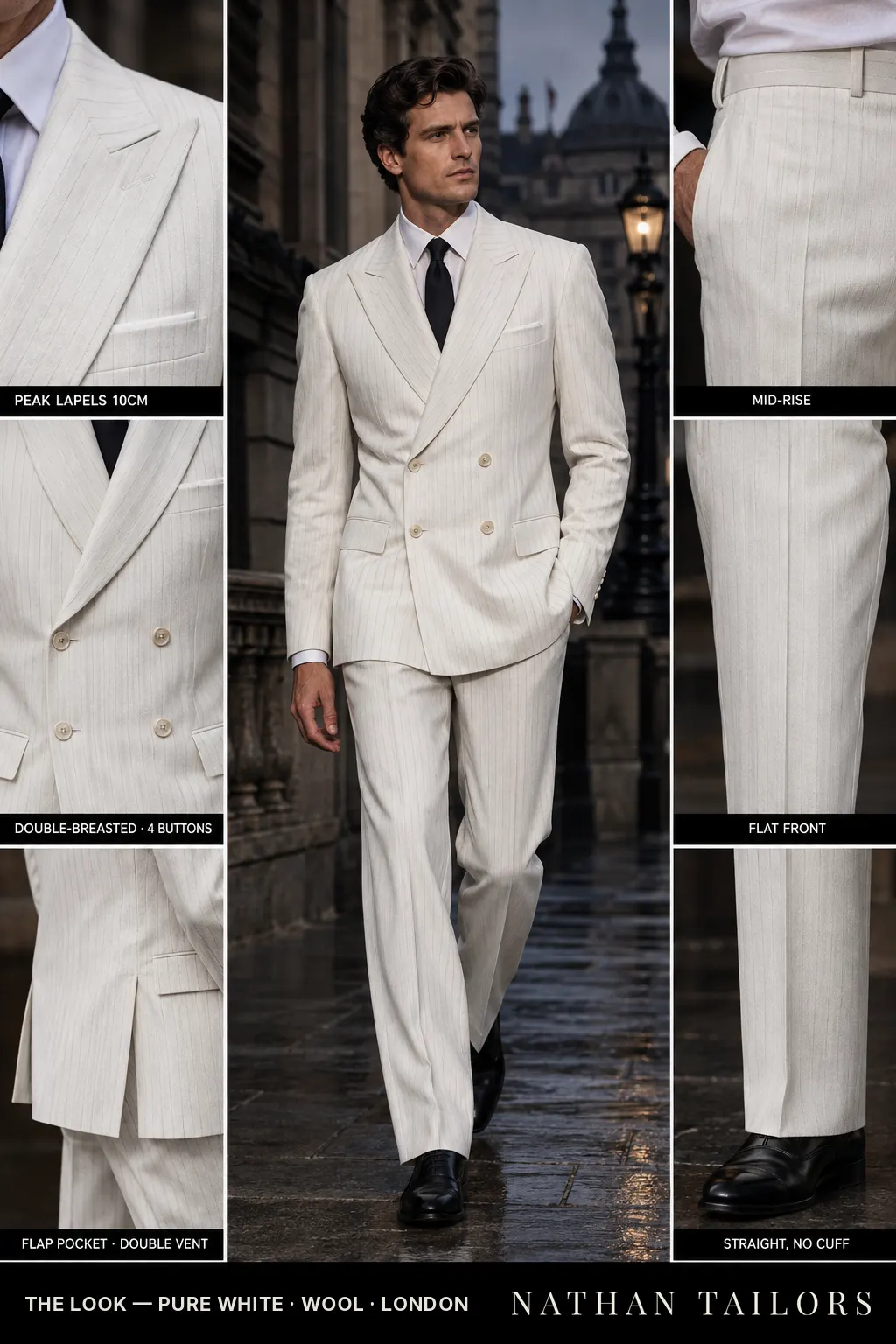pure white pinstripe double-breasted bespoke suit โ custom tailored by Nathan Tailors, the Hoi An custom tailor